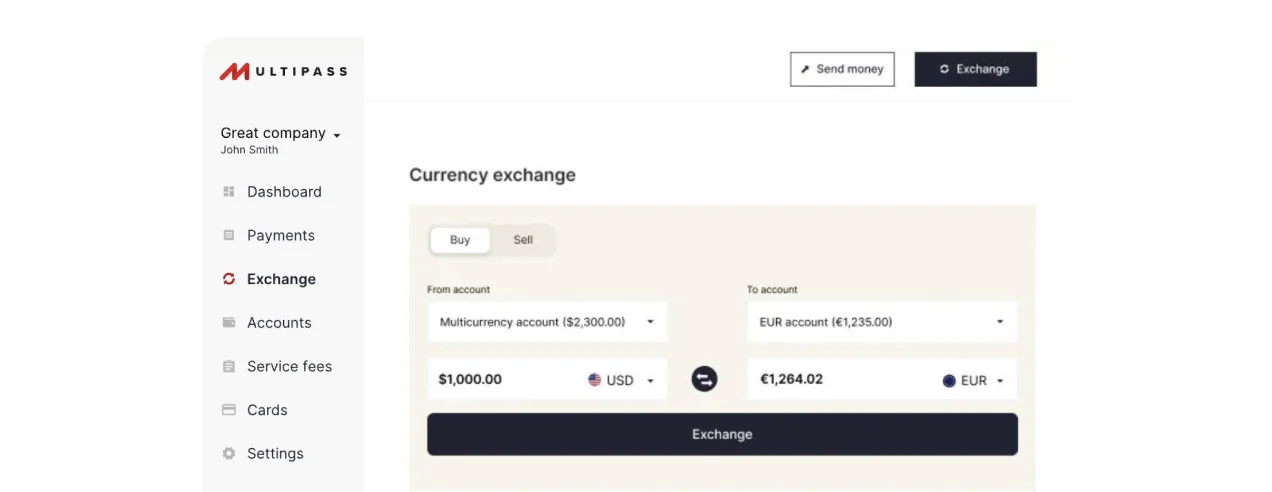Multipass currency exchange screen