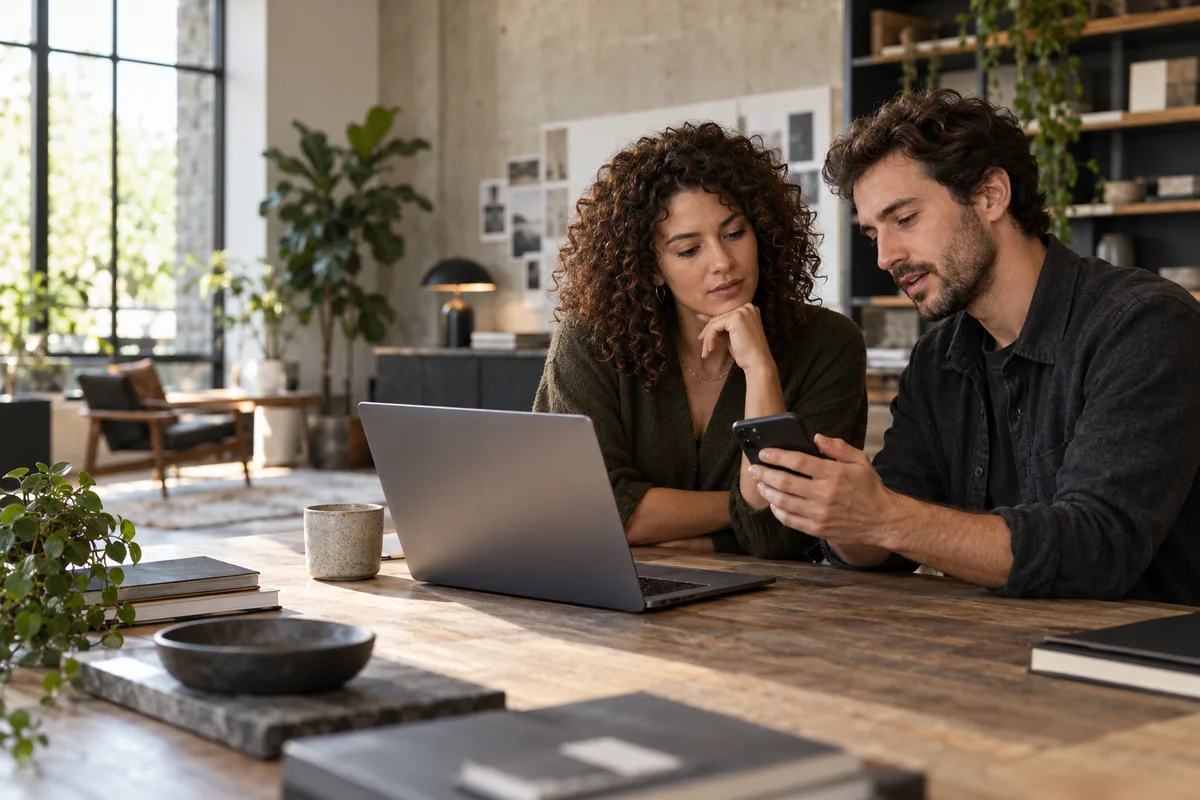 Ein Team für Finanzprodukte schaut gemeinsam auf ein Smartphone.