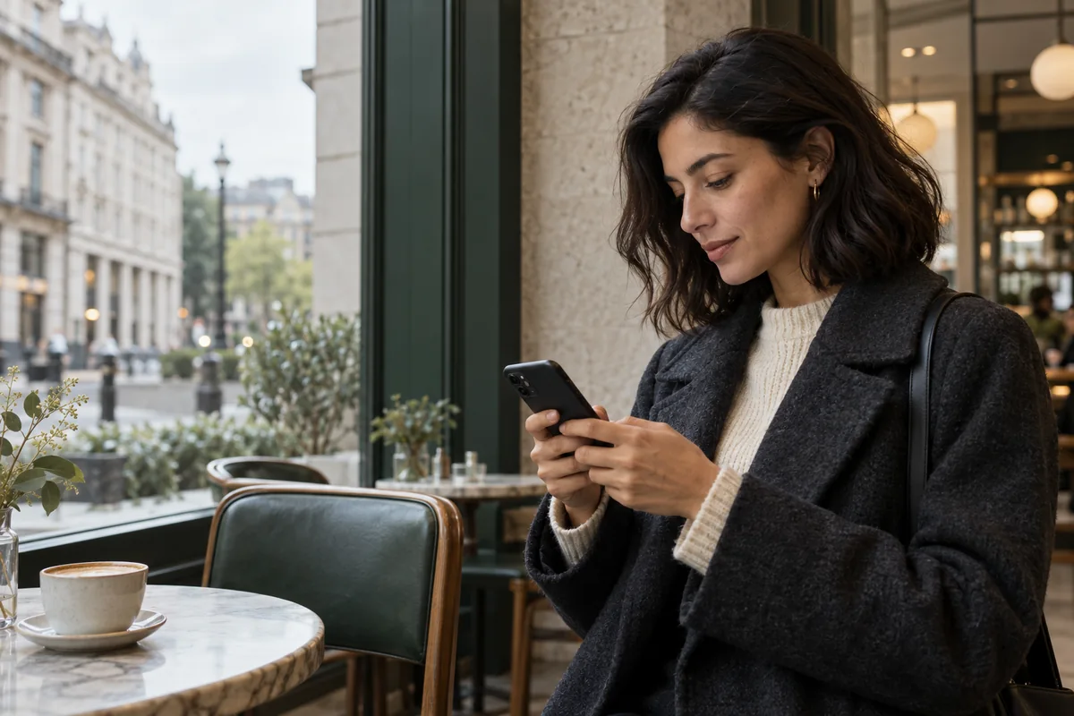 Une femme utilisant son téléphone près de la vitrine d'un café.