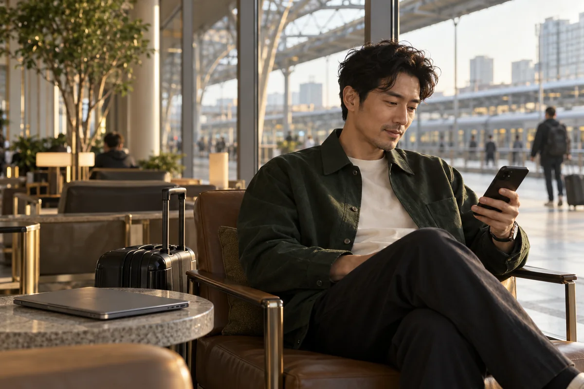 A business traveller checking a phone before a journey.