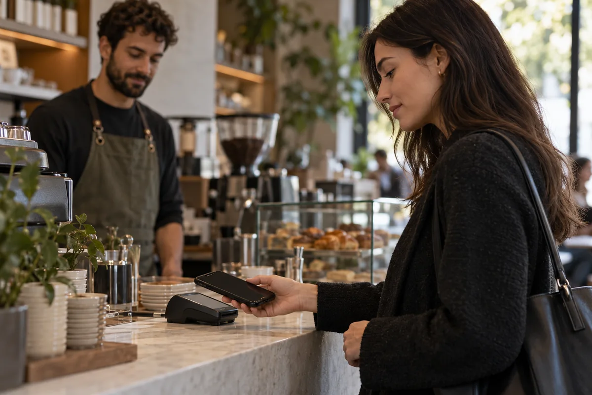 Un cliente usando el teléfono en una visita cualquiera a una cafetería.